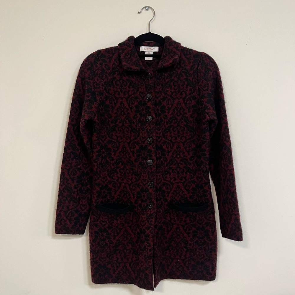 Cozy ELLEN TRACY Maroon and Black Long Cardigan
